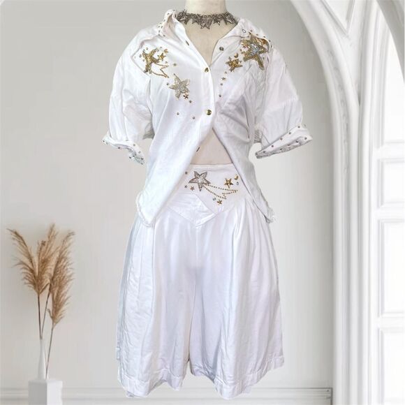 Lillie Rubin Vintage 1980s Celestial Star Beaded Studded White Cowgirl Set M / L - Picture 1 of 8